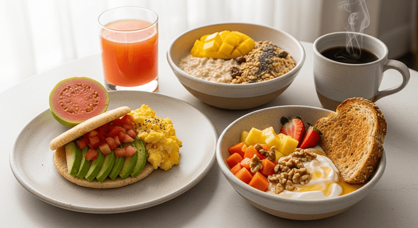 Tríptico en una sola mesa:
Arepa integral con aguacate, tomate y huevo revuelto + vaso de jugo de guayaba.
Tazón de avena cremosa con mango, granola casera y chía + taza de café.
Yogur griego con frutas (papaya, piña, fresas), nueces y miel + tostada integral.
Fondo luminoso, vajilla cerámica artesanal, luz de mañana. Fotografía realista lifestyle, composición ordenada, estilo editorial.