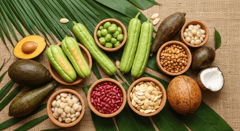 Composição colorida e natural mostrando a variedade de alimentos vegetais com alto teor de proteína típicos da Costa Rica. Em primeiro plano, tigelas de barro com chicasquil fresco, quelites de chayote, frijol de palo e sementes de ayote tostadas. Ao redor, frutas locais como abacate, goiaba, coco aberto e nozes de macadâmia. Fundo com folhas tropicais e tecidos rústicos costarriquenhos, iluminação natural suave e tons quentes que evoquem o clima tropical. Estilo fotografia realista tipo flat lay, foco em texturas naturais e autenticidade local, representando a riqueza vegetal e diversidade autóctona tica.