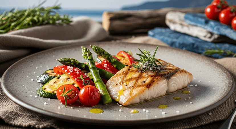 Plato gourmet con merluza austral a la plancha acompañada de vegetales grillados y un toque de aceite de oliva. Fondo con textiles rústicos y una vista marina o inspiración patagónica (madera, tonos fríos, luz natural). Fotografía realista tipo editorial gastronómico, transmitiendo frescura y sofisticación natural.