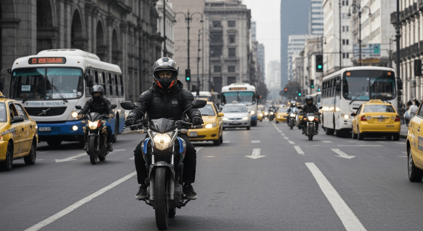 Un motociclista navega con agilidad por una calle concurrida del centro de Lima, con la arquitectura colonial de fondo. La imagen debe capturar la energía y el movimiento de la ciudad, con un conductor (hombre o mujer, 20s) enfocado y equipado con un casco moderno. Estilo de fotografía urbana y dinámica.