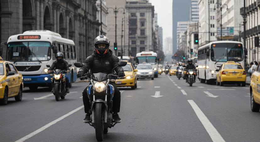 Un motociclista navega con agilidad por una calle concurrida del centro de Lima, con la arquitectura colonial de fondo. La imagen debe capturar la energía y el movimiento de la ciudad, con un conductor (hombre o mujer, 20s) enfocado y equipado con un casco moderno. Estilo de fotografía urbana y dinámica.