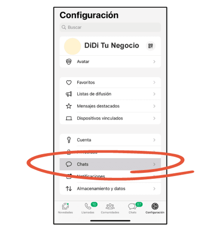 Ubicación de chats dentro de configuración