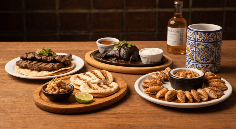 Cocina contemporánea mexicana con chef preparando tacos de pescado con aguacate y queso Oaxaca rallado. En la mesa, cortes de carne asada, pollo en mole poblano y mariscos frescos del Golfo. Fondo con azulejos mexicanos coloridos. Luz cálida de tarde, estilo lifestyle realista que mezcla tradición culinaria y modernidad.