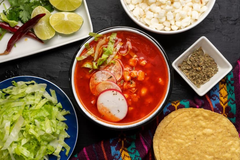 pozole rojo con rábanos, tostadas, lechuga y orégano