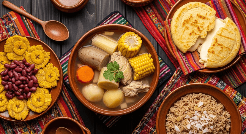 Flat lay con platos típicos colombianos ricos en carbohidratos: arepa con queso, sancocho, patacones con frijoles y arroz con coco. Fondo de madera oscura con manteles coloridos y utensilios de barro. Fotografía realista tipo catálogo gastronómico, tonos cálidos y abundancia natural.