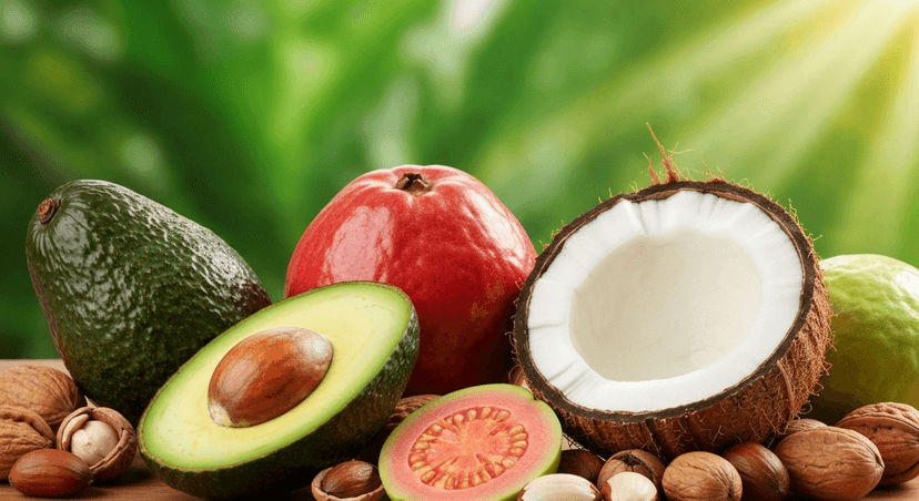 Composición colorida con frutas y frutos secos colombianos: aguacate, guayaba, coco abierto y nueces sobre fondo tropical verde. Luz natural suave tipo caribeño, enfoque en texturas y colores frescos. Estilo fotografía de producto gourmet con acento tropical.