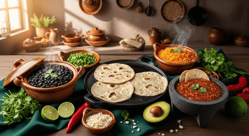 Mesa mexicana vista desde arriba con tortillas recién hechas en comal, frijoles de olla humeantes, arroz rojo, aguacate y salsa molcajeteada. Fondo de cocina tradicional con luz cálida de mañana y utensilios de barro. Fotografía realista horizontal (1920×800), estilo editorial gastronómico, tonos terrosos y ambiente acogedor que evoque tradición y orgullo nacional.