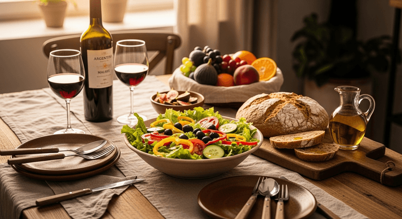 Mesa argentina con platos inspirados en la dieta mediterránea: ensalada de vegetales frescos, pan integral, aceite de oliva mendocino, vino tinto y frutas de estación. Fondo luminoso con mantel de lino natural y utensilios rústicos. Fotografía realista horizontal (1920×800), tonos cálidos y luz suave de atardecer, transmitiendo equilibrio, bienestar y orgullo local.