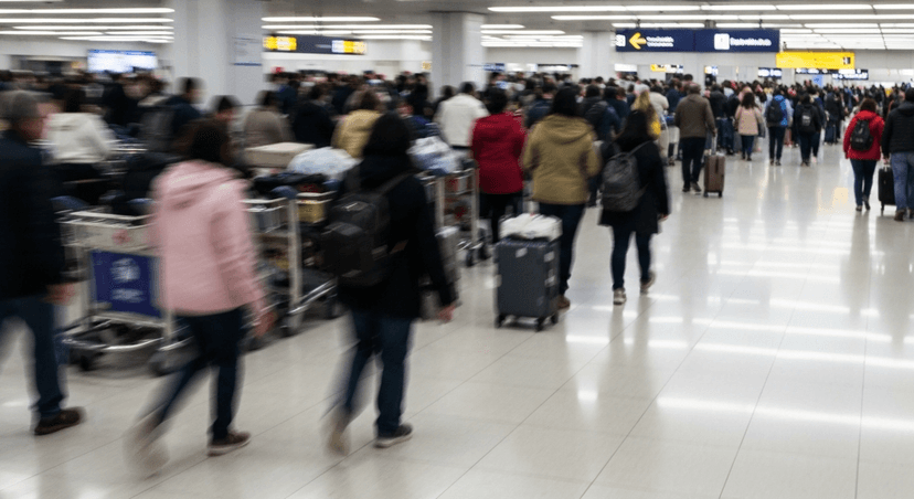 Multitud de pasajeros con maletas y carritos caminando por un aeropuerto concurrido, reflejando el movimiento intenso de una terminal aérea.