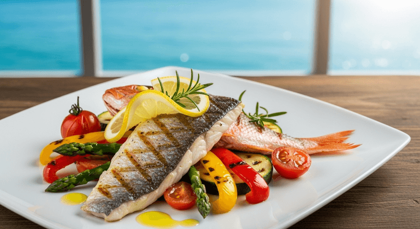 Composición con filete de corvina y pargo rojo a la plancha sobre cama de vegetales coloridos, acompañado de limón, hierbas frescas y aceite de oliva. Fondo con vista marina o mesa junto a ventana con luz natural. Fotografía realista tipo gourmet, tonos azules y dorados que evoquen frescura costera.