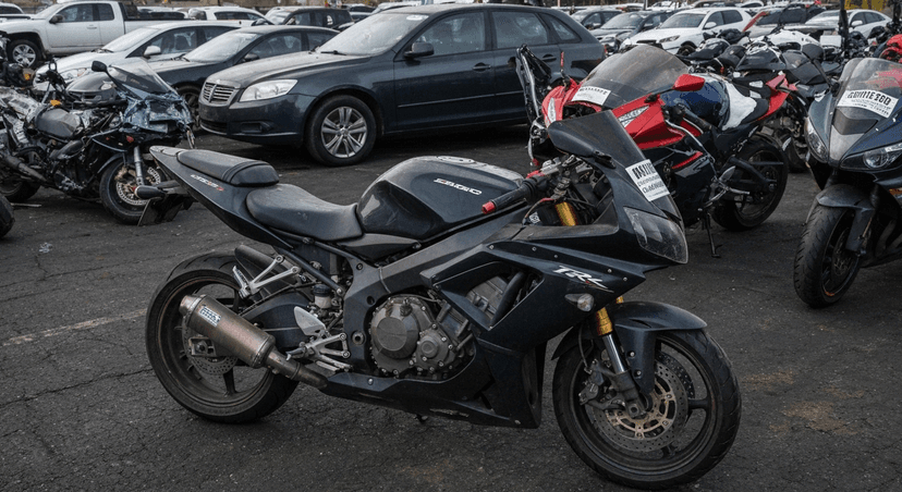 Una imagen con un tono serio, mostrando una moto retenida en un depósito vehicular. Sobre el asiento, una papeleta de infracción con la palabra "MULTA" claramente visible. El ambiente debe ser sombrío para enfatizar la consecuencia negativa. Estilo fotográfico con viñeteado oscuro.