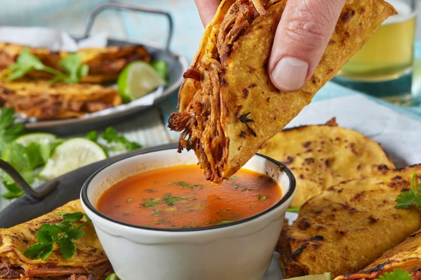 Deliciosos tacos de birria con consomé
