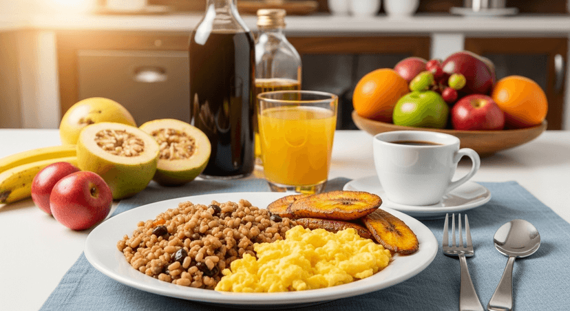 Plato de desayuno costarricense con gallo pinto preparado con aceite de oliva, huevos revueltos, plátano asado, jugo de cas natural y café chorreado. Fondo luminoso de cocina tropical o mesa de desayuno con frutas. Fotografía realista lifestyle, luz cálida de mañana, sensación hogareña y energética.